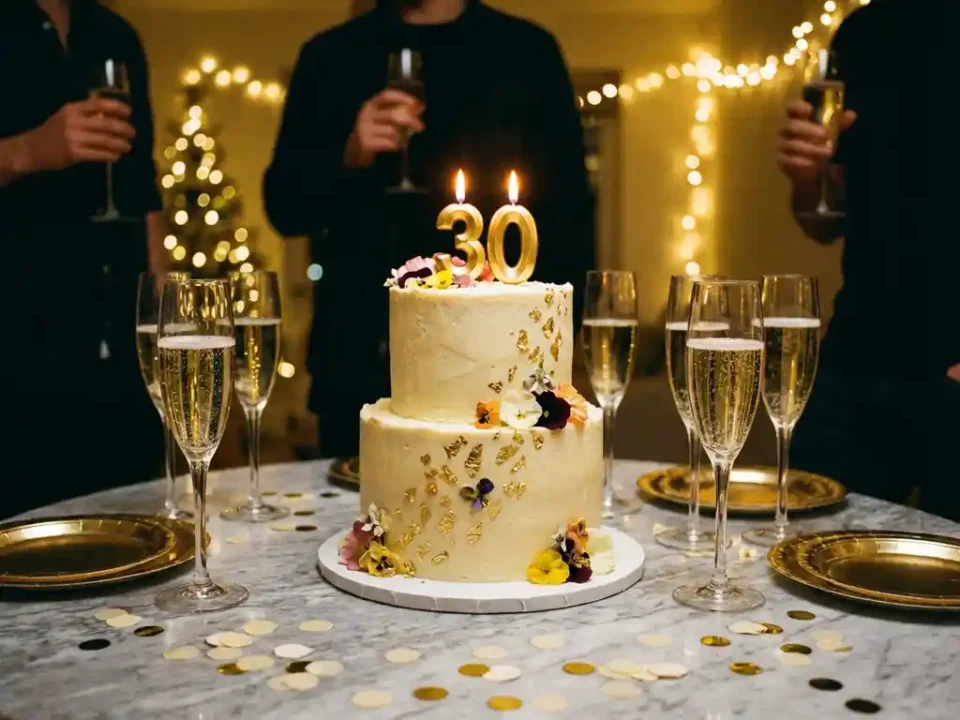 Verjaardagstaart met gouden "30" kaarsjes, champagneglazen en confetti op marmeren tafel bij warm licht