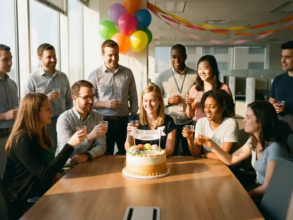 Collega's vieren afscheid rond versierde taart op kantoor met ballonnen en champagne in warm zonlicht
