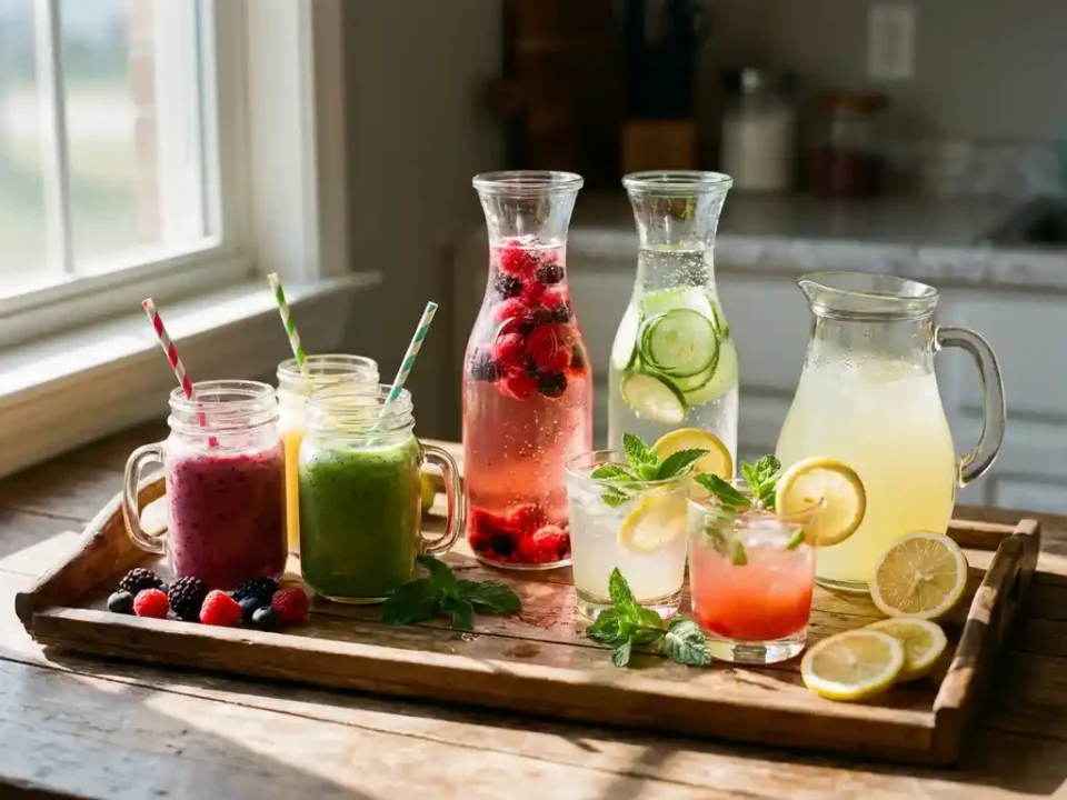 Kleurrijke alcoholvrije drankjes op houten dienblad met fruit water, smoothies en mocktails in natuurlijk zonlicht