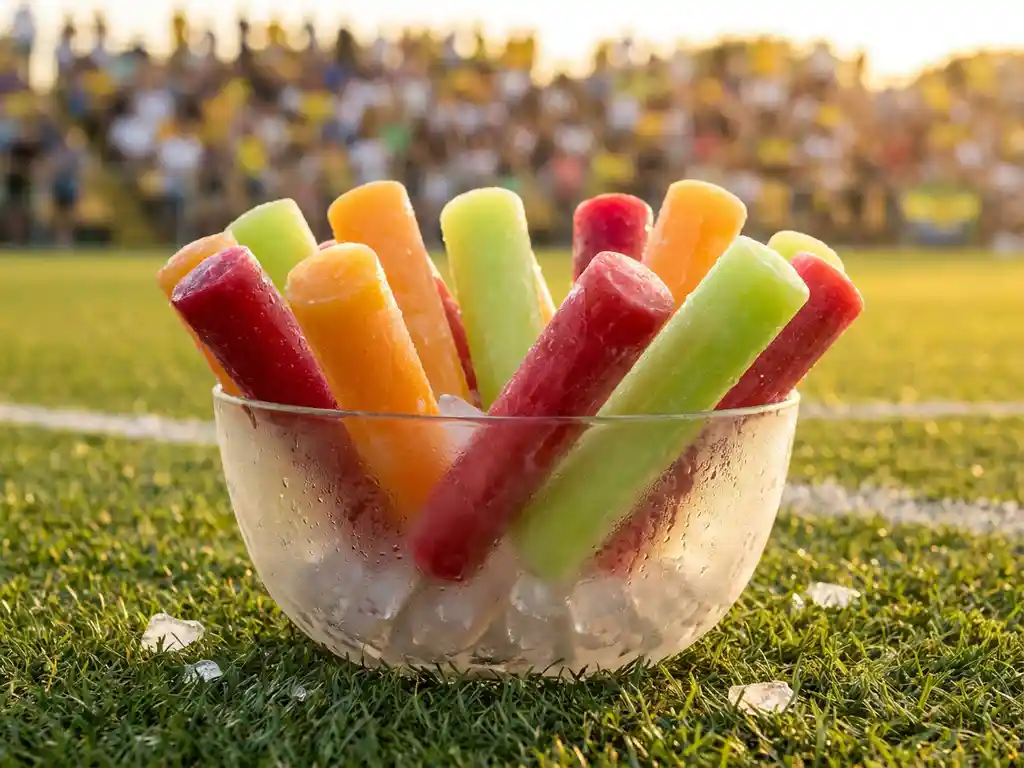 Alcoholvrije bevroren cocktailsticks in tropische kleuren op een voetbalveld, met stadionpubliek op de achtergrond in gouden middagzon.