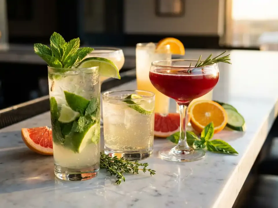Bunte alkoholfreie Cocktails auf Marmortresen: Virgin Mojito mit Minze, Elderflower Spritz und Cranberry-Ingwer-Fizz