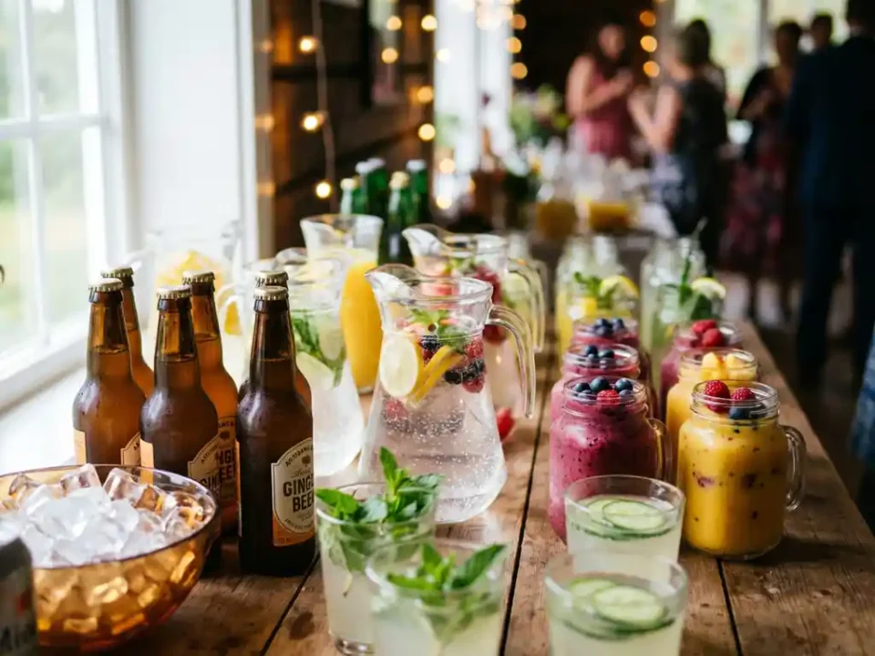 Festlich gedeckter Partytisch mit bunten alkoholfreien Getränken, Fruchtschorlen, Smoothies und Limonaden