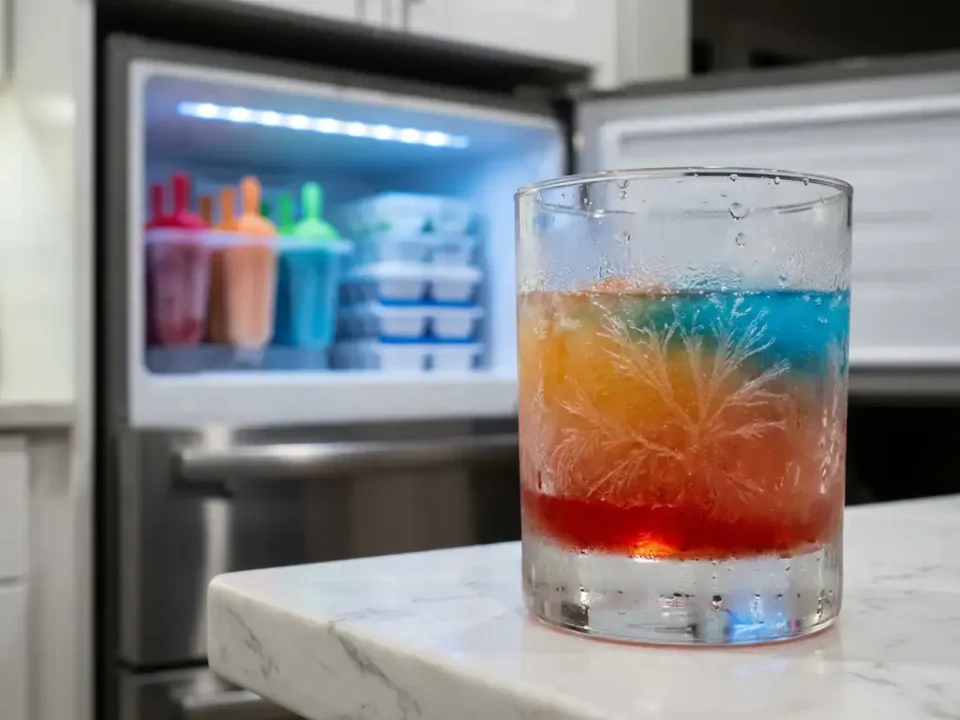 Gelaagde frozen cocktail in beslagen glas op marmeren aanrecht met open vriezer op de achtergrond