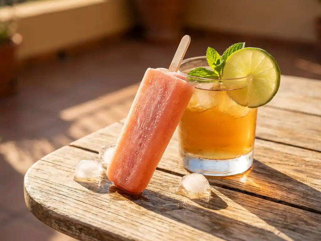 Bevroren cocktail ijsstick in koraalroze kleur naast een beslagen glas met limoen en munt op verweerd houten oppervlak in zomers zonlicht.