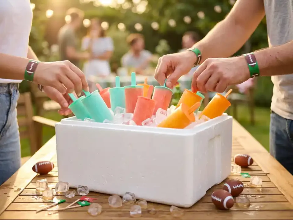 Koelbox vol kleurrijke bevroren cocktailsticks in tropische tinten, omringd door ijsblokjes op een zonnige tuintafel tijdens een voetbalfeestje.