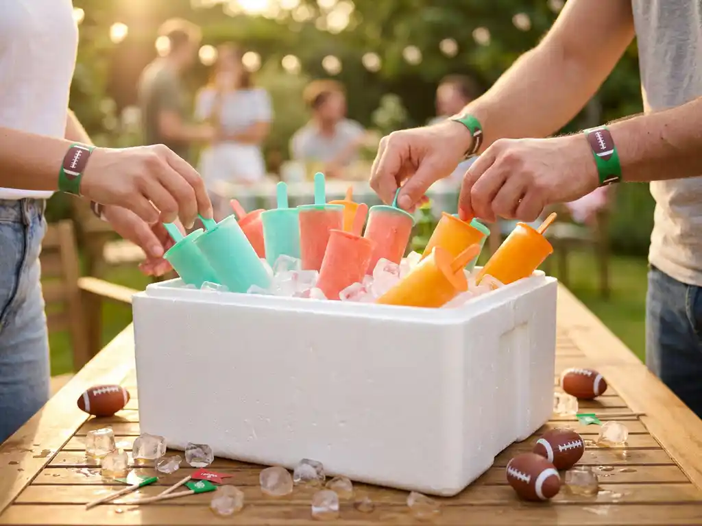 Koelbox vol kleurrijke bevroren cocktailsticks in tropische tinten, omringd door ijsblokjes op een zonnige tuintafel tijdens een voetbalfeestje.