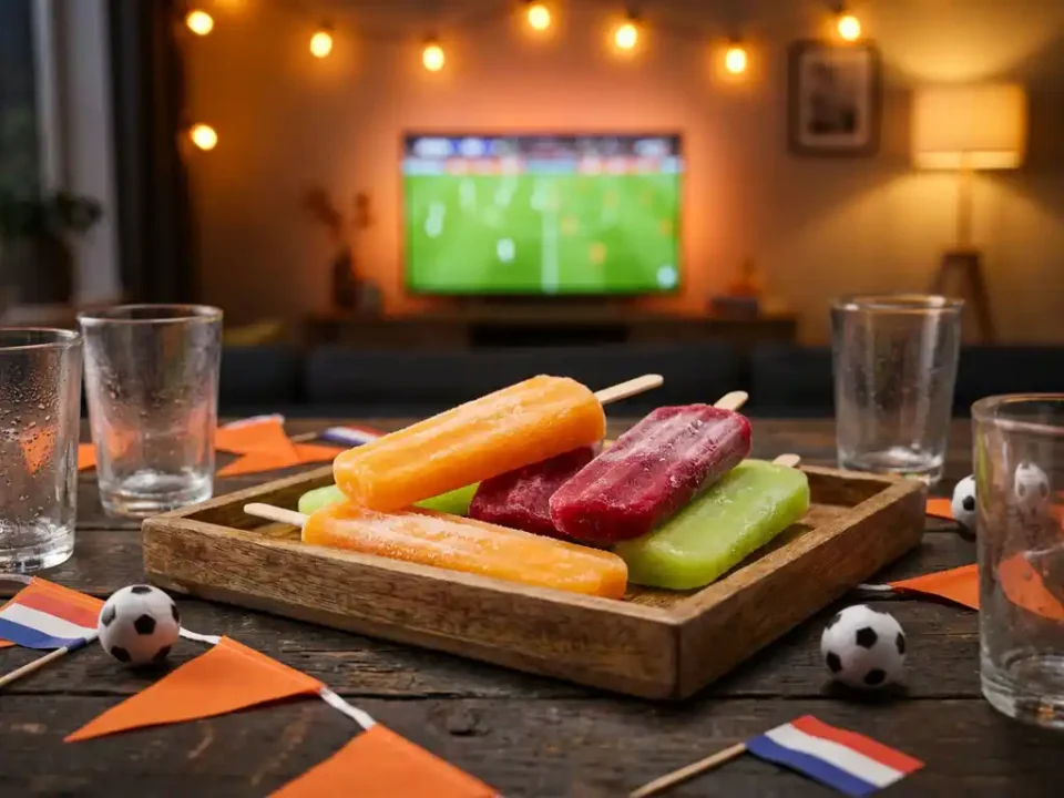 Dienblad met felgekleurde bevroren cocktailsticks in oranje, rood en limoengroen op een rustieke houten tafel met oranje slingers en voetbaldecoratie.