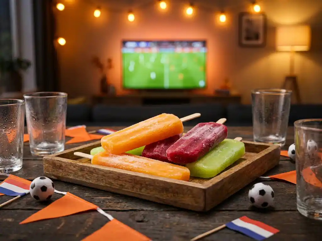 Dienblad met felgekleurde bevroren cocktailsticks in oranje, rood en limoengroen op een rustieke houten tafel met oranje slingers en voetbaldecoratie.