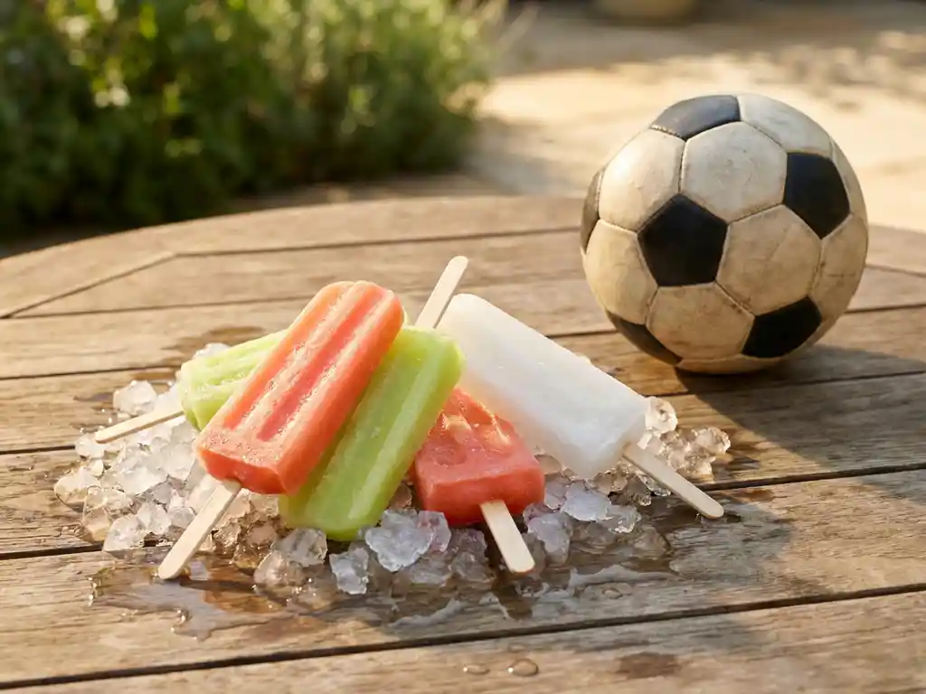 Tropische cocktail-ijssticks in koraal, limoengroen en wit smelten op crushed ice naast een voetbal in warm middagzonlicht.