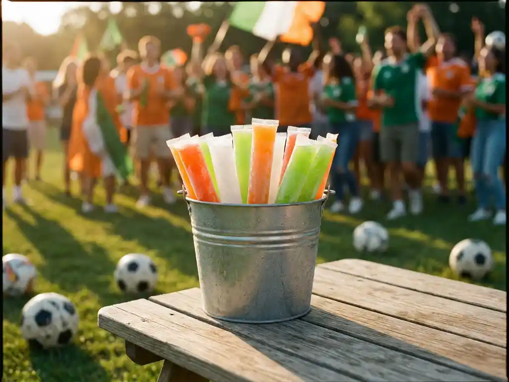 Emmer met kleurrijke bevroren cocktailsticks op houten tafel, omringd door voetballen en groen gras in warm middagzonlicht.