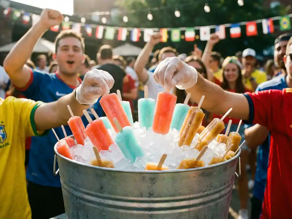 Kleurrijke bevroren cocktailsticks in tropische tinten in een ijsemmer, omringd door juichende handen tijdens een WK-kijkfeest buiten.
