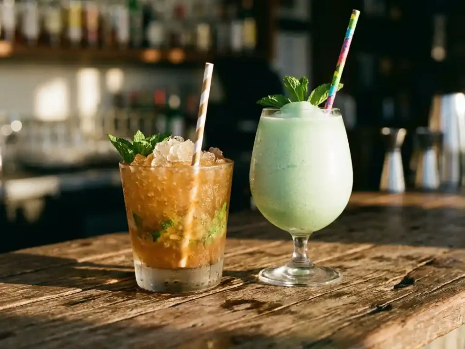Twee bevroren cocktails met muntgarnering op houten bar, één met ijskristallen en één glad gemengd, gouden licht