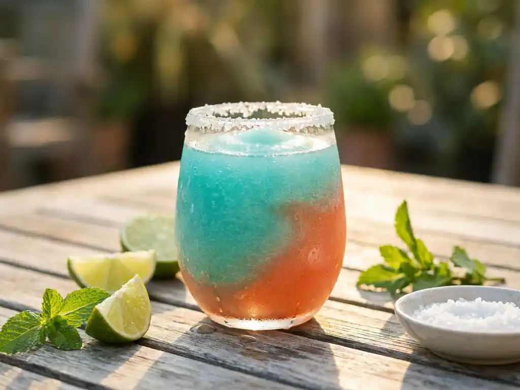 Bevroren margarita in een rijpbeslagen glas met limoenpartjes en verse munt op een verbleekt houten tafel in zomers zonlicht.