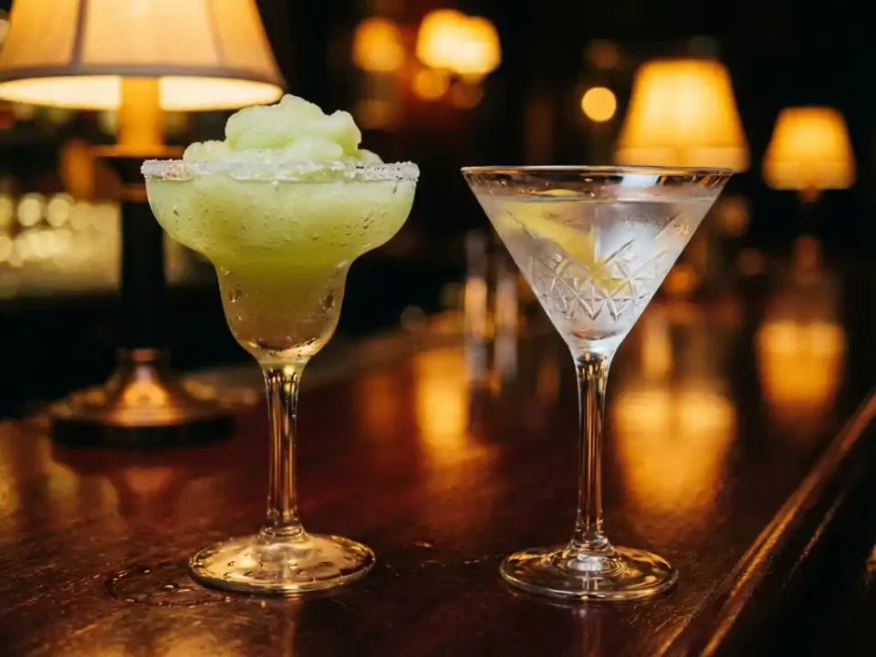 Bevroren margarita en heldere martini cocktail op mahonie bar met condensdruppels en warme verlichting