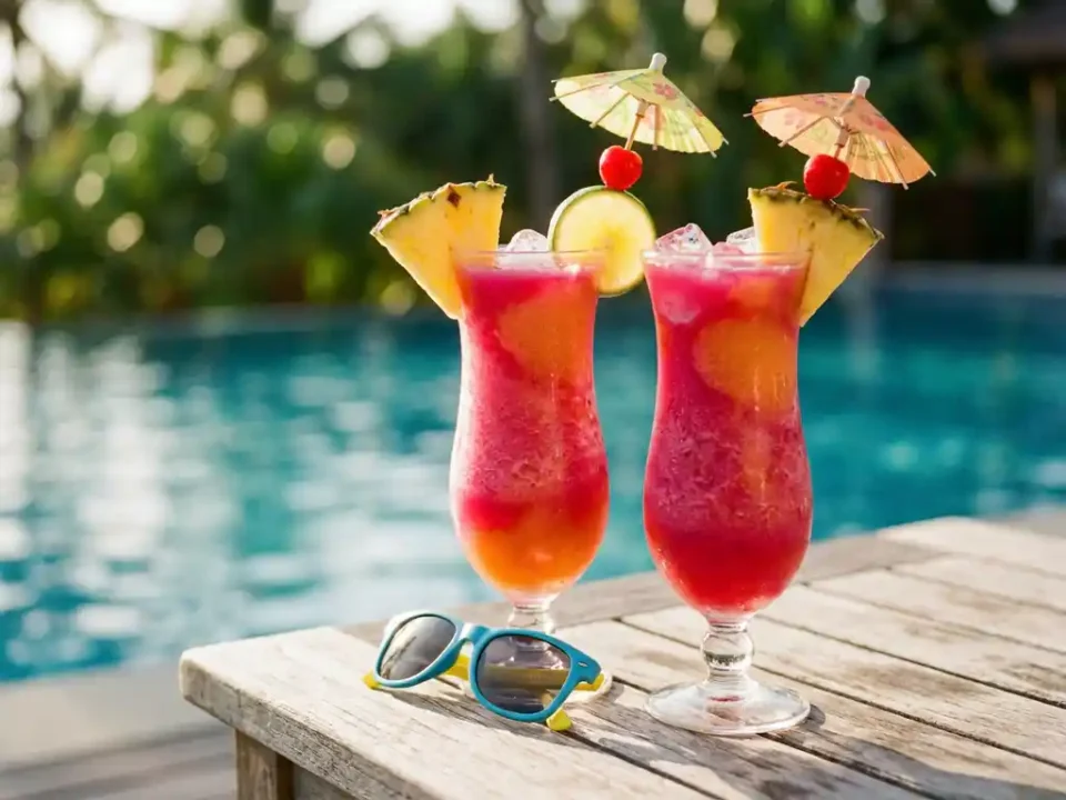 Kleurrijke bevroren mocktail met roze en oranje swirls, ananas garnering en papieren parasol bij zwembad