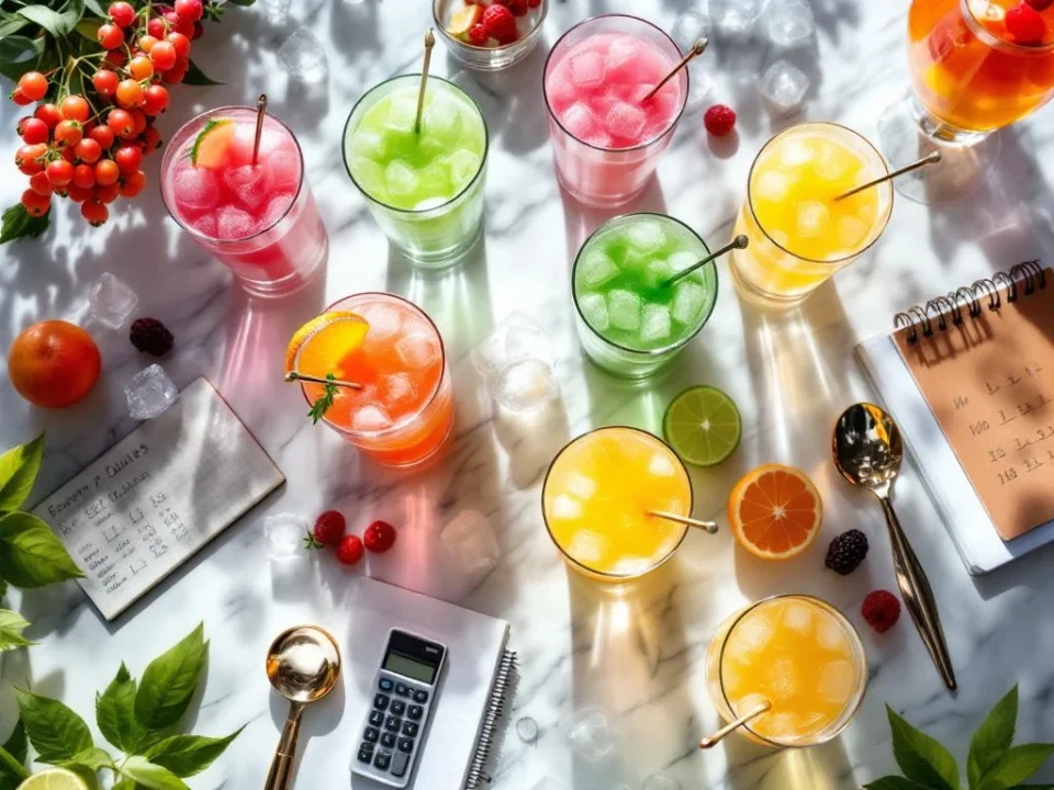 Colorful frozen cocktails in pink, green, and orange arranged on marble surface with calculator and event planning tools