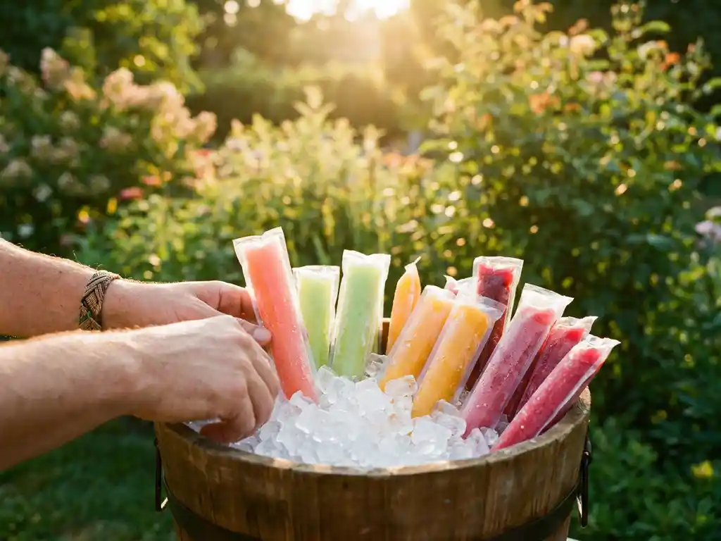 Bunte Cocktail-Eisstiele in einem Holzkübel mit Crushed Ice auf einem sommerlichen Gartentisch, Gäste greifen hinein.