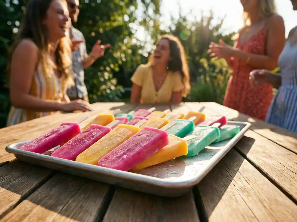 Buntes Tablett mit gefrorenen Cocktail-Eisstäbchen in Pink, Gelb und Grün bei sommerlicher Gartenparty im Sonnenlicht.