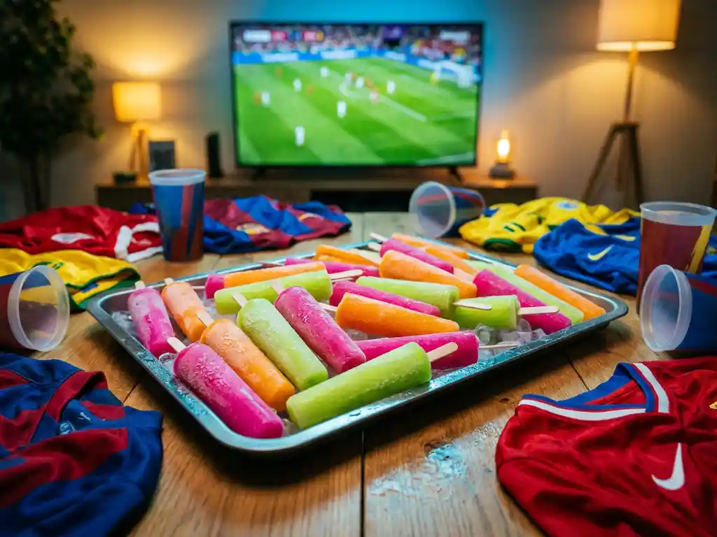 Dienblad met kleurrijke bevroren cocktail-ijslollies in roze, oranje en groen op een condensatietafel, omringd door voetbalshirts en stadionbekers.