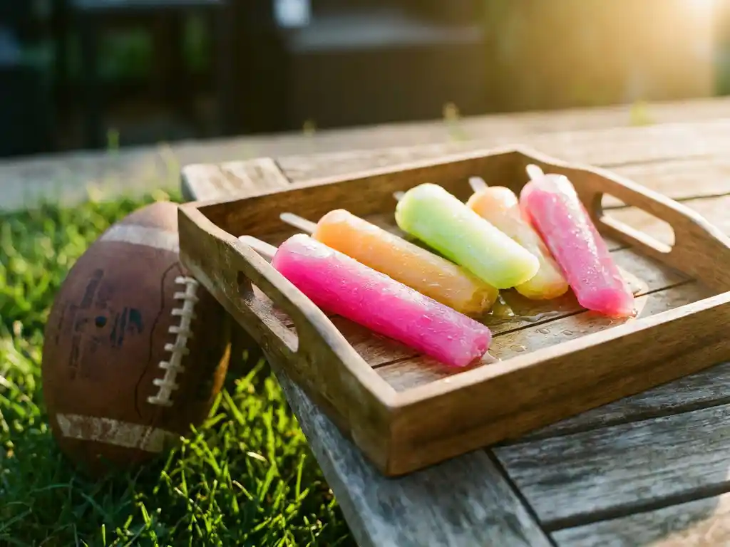 Bevroren cocktailsticks in roze, oranje en groen op rustiek hout, naast een voetbal in zomers zonlicht.