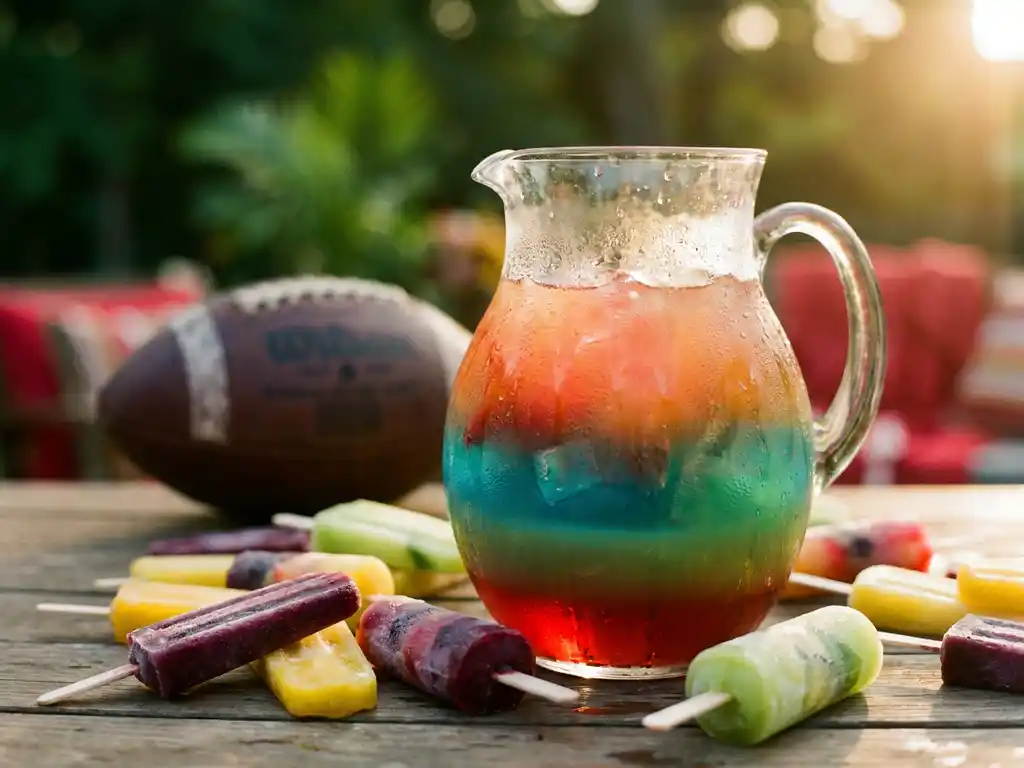Großer Glaskrug mit bunten Schicht-Cocktails und Cocktailsticks auf rustikalem Holztisch, Football im Hintergrund.