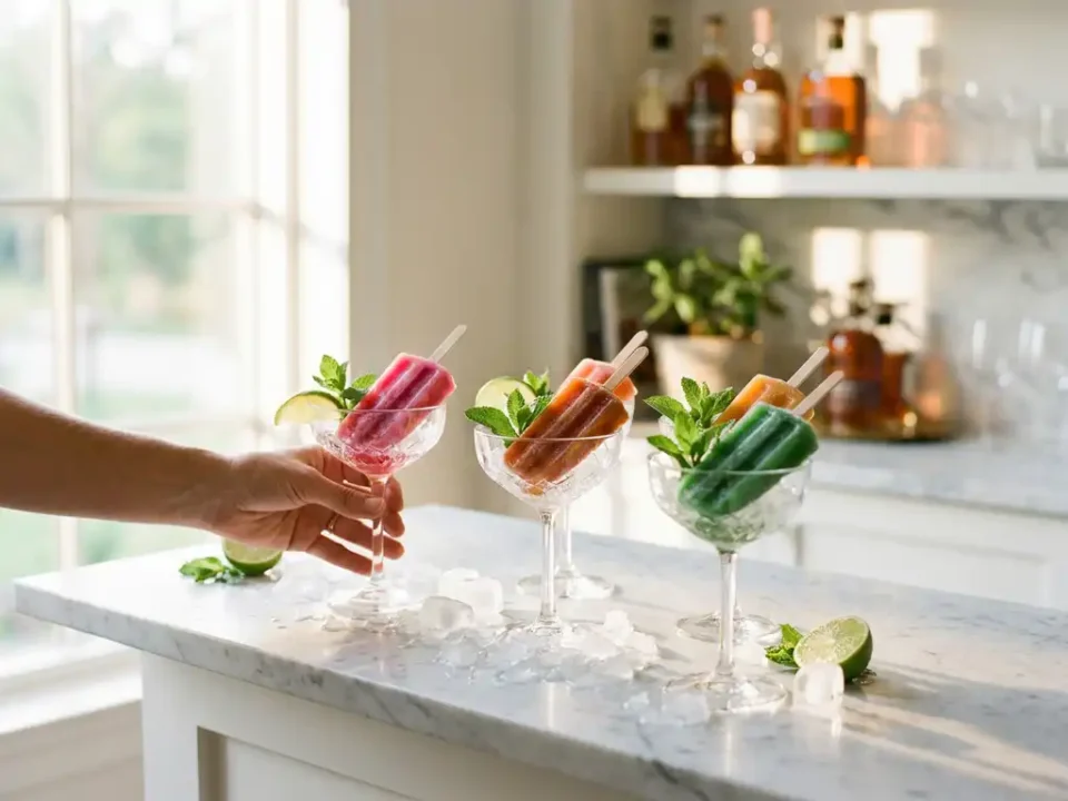 Elegante thuisbar met kleurrijke bevroren cocktailpops in kristallen glazen op marmeren aanrecht, ijsblokjes en verse munt