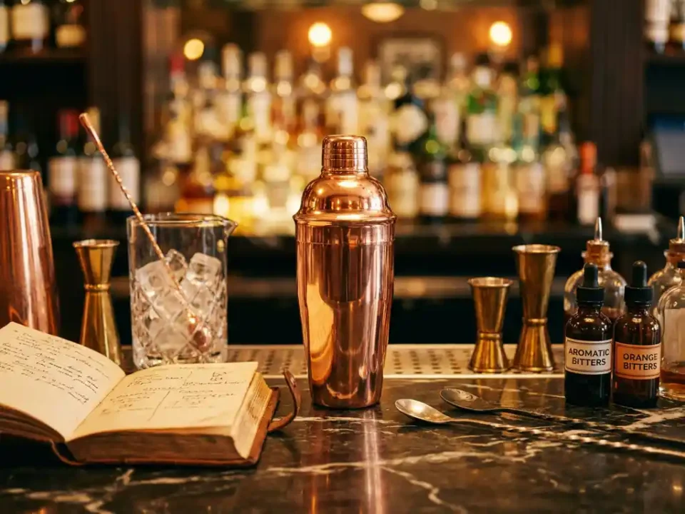 Polierter Kupfer-Cocktailshaker auf dunklem Marmor-Bartresen mit Kristallglas, Messbecher und Bar-Zubehör