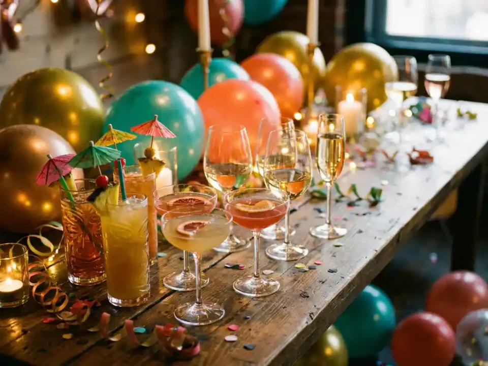 Elegante cocktailbar met kleurrijke drankjes, tropische cocktails en champagne op feesttafel met ballonnen