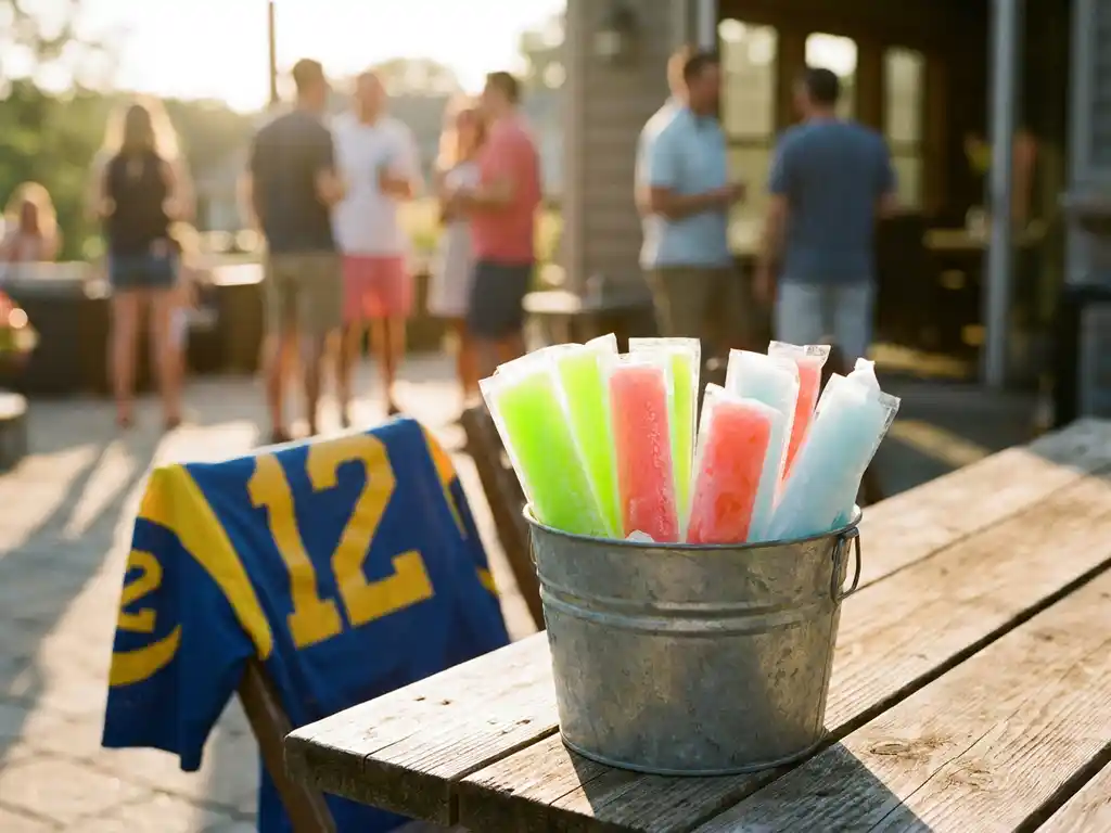Kleurrijke cocktail-ijslollies in groen, roze en blauw in een roestige metalen emmer op een zonnige buitentafel met een voetbalshirt ernaast.