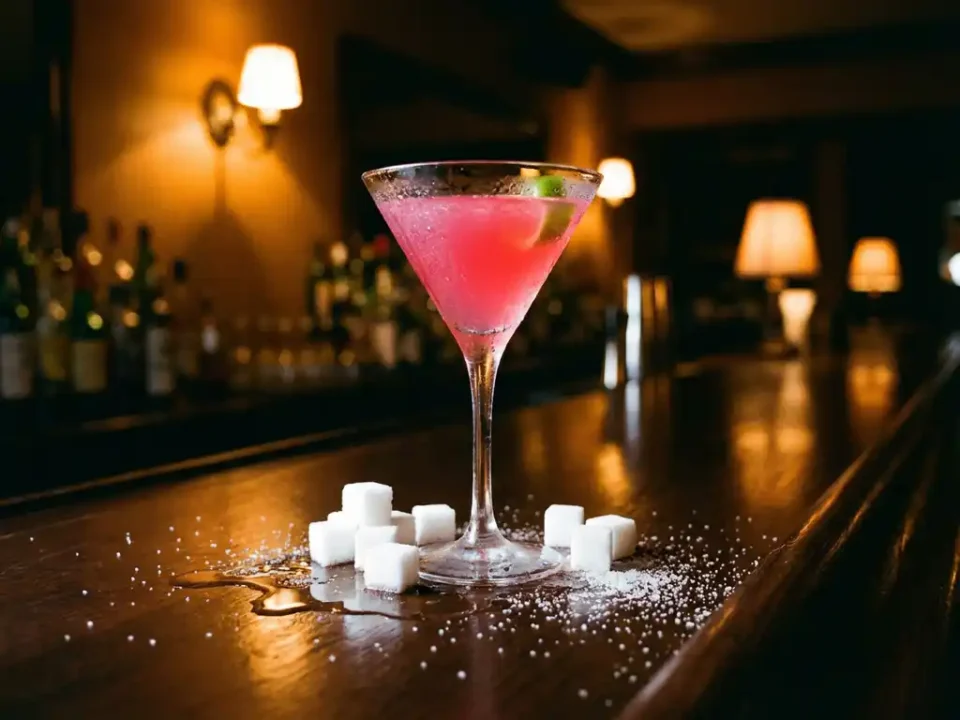Rosa Cosmopolitan-Cocktail im Glas auf dunkler Holzbar, umgeben von weißen Zuckerwürfeln bei warmem Licht