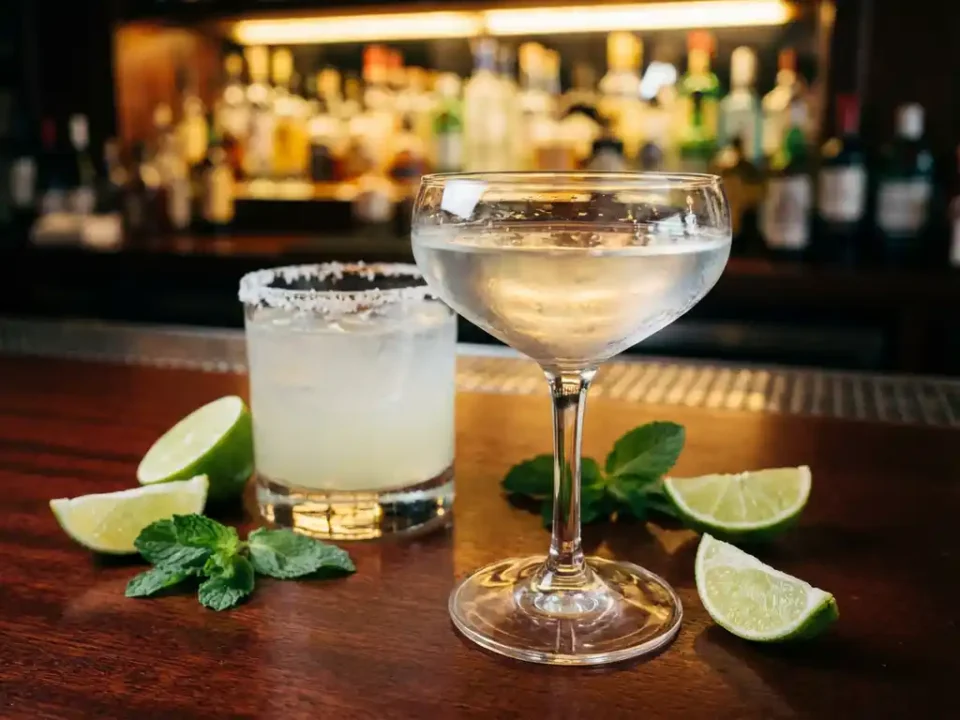 Kristalheldere Daiquiri in coupe glas en Margarita met zoutrand op mahonie bar met limoen en munt, warme verlichting