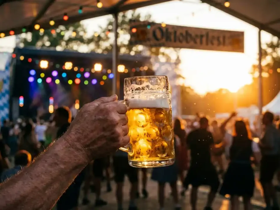 Hand hält Bierkrug hoch bei deutschem Musikfestival mit bunten Bühnenlichtern und tanzender Menge im Hintergrund