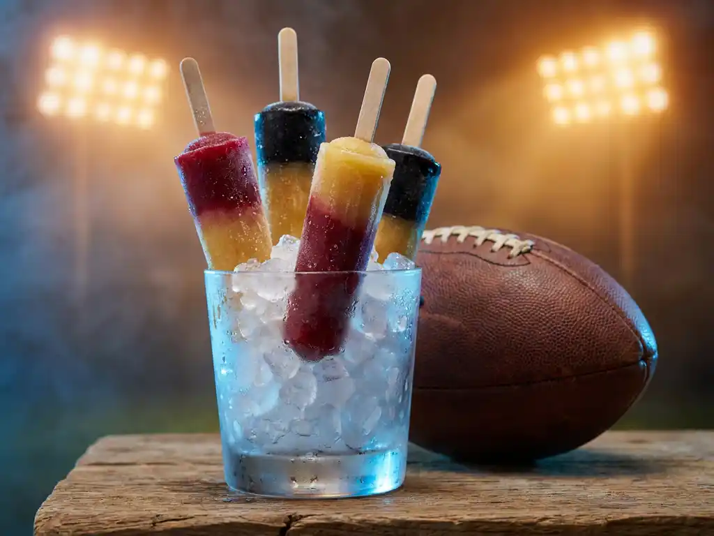 Bevroren cocktailsticks in rood, goud en zwart in een glas crushed ice naast een voetbal op een houten ondergrond.