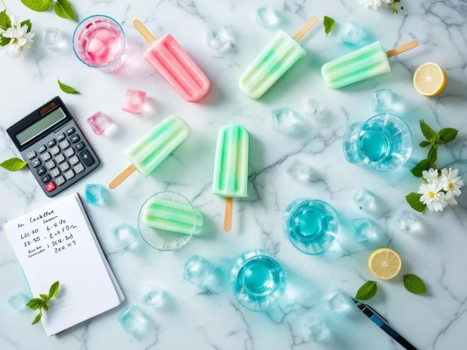 Kristallen glazen in rijen op marmer met kleurrijke cocktailpopsicles en calculator voor evenementenplanning