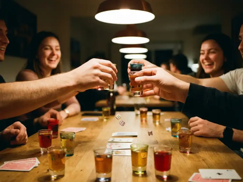 Vrienden heffen kleurrijke shotglazen voor een toast aan feesttafel met speelkaarten en dobbelstenen in warme verlichting
