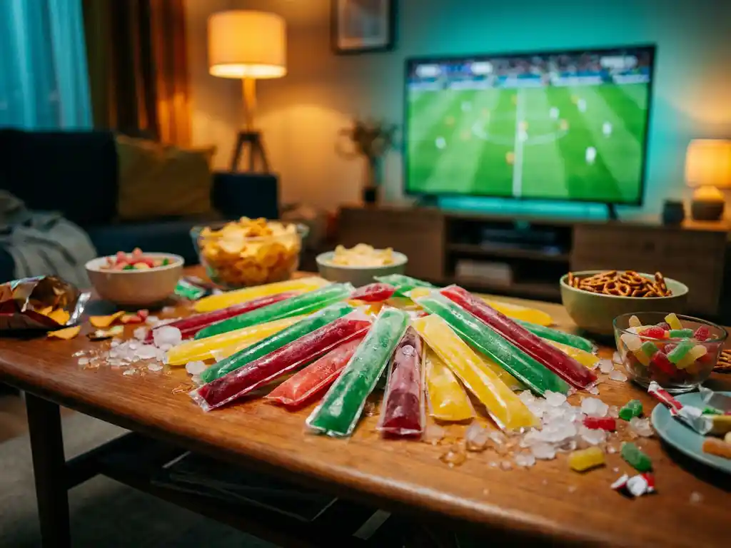 Overvolle salontafel met kleurrijke bevroren cocktailsticks in rood, groen en geel tijdens een voetbalavond, met snackschalen en ijs.