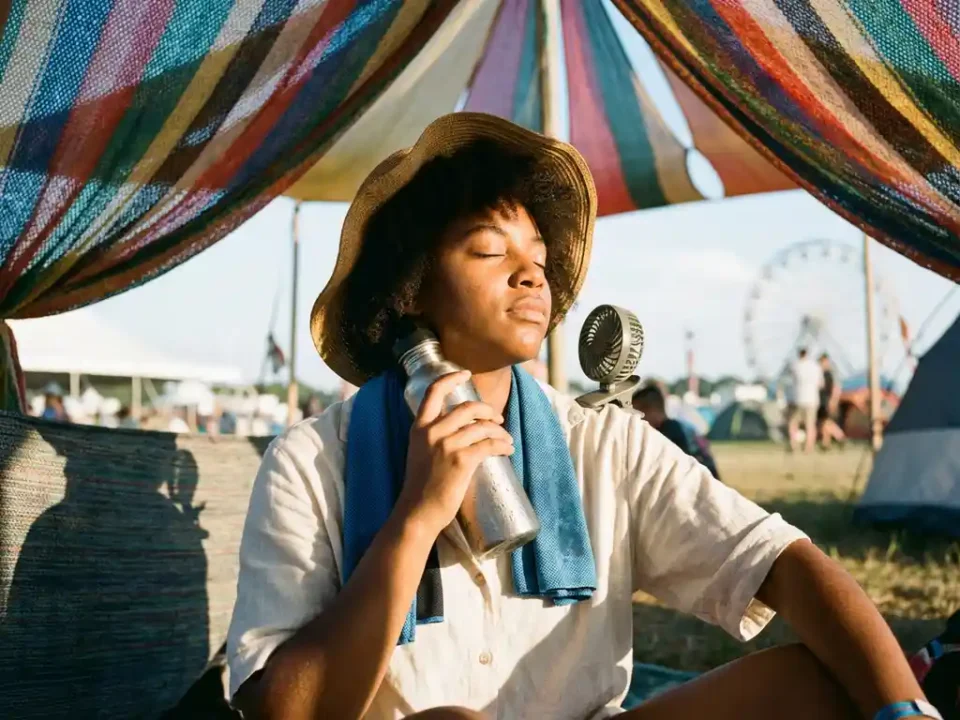 Junger Festivalbesucher mit Hut kühlt sich mit Wasserflasche im Schatten eines bunten Festivalzelts ab