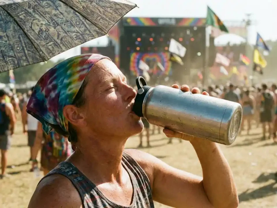 Festivalbezoeker drinkt water uit grote fles in felle zon, kleurrijk podium op achtergrond, parasol biedt schaduw