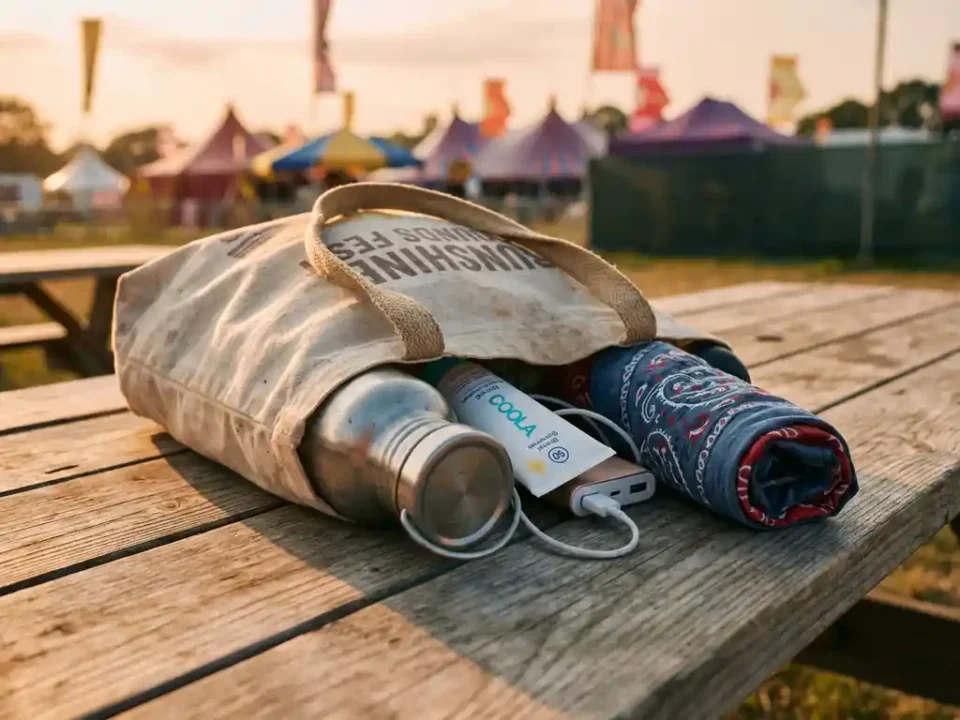 Geöffnete Canvas-Tasche mit Festival-Essentials wie Wasserflasche, Sonnencreme und Powerbank auf Holztisch bei Sonnenuntergang