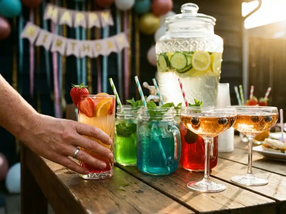 Bunte Cocktails in Gläsern und Mason-Jars auf Partytisch mit Fruchtgarnituren und Getränkespender im Hintergrund