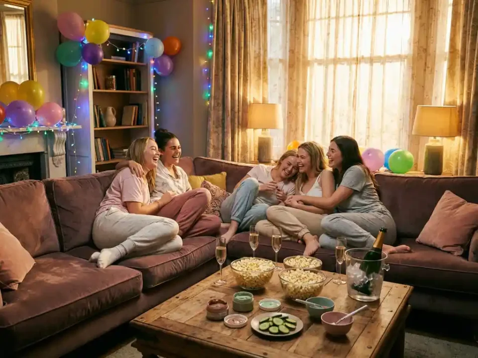 Gruppe junger Frauen lacht zusammen auf Sofa bei gemütlicher Party mit Snacks, Sekt und DIY-Gesichtsmasken