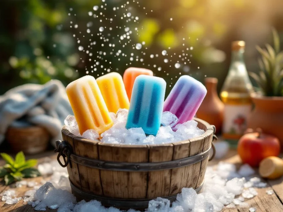 Colorful frozen cocktail popsicles in ice-filled wooden bucket with creative drink cooling methods using towels and clay pots