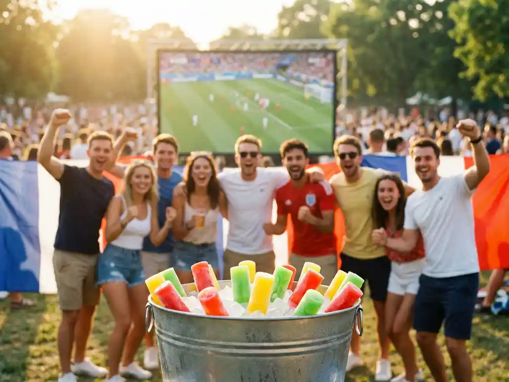 Jubelnde Freunde bei einer Outdoor-Fußball-EM-Party mit bunten Cocktail-Eisstäbchen im Kübel und Stadionfahnen im Hintergrund.