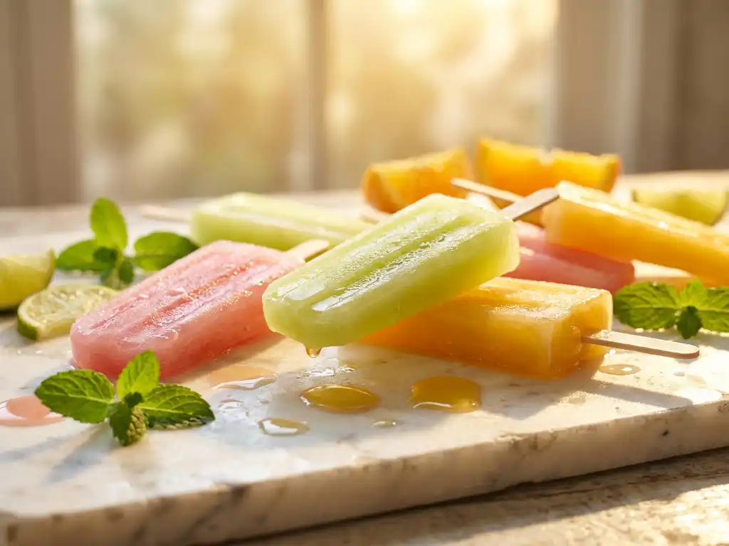 Gefrorene Cocktail-Eisstäbchen in Wassermelonenpink, Limettengrün und Goldgelb auf weißem Marmor mit Minzblättern und Zitrusscheiben.