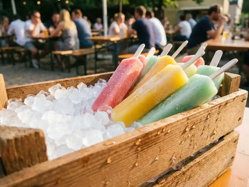 Bunte Cocktail-Eisstiele in Wassermelonenpink, Zitronengelb und Mintgrün auf Crushed Ice in rustikaler Holzkiste, Biergarten im Hintergrund.