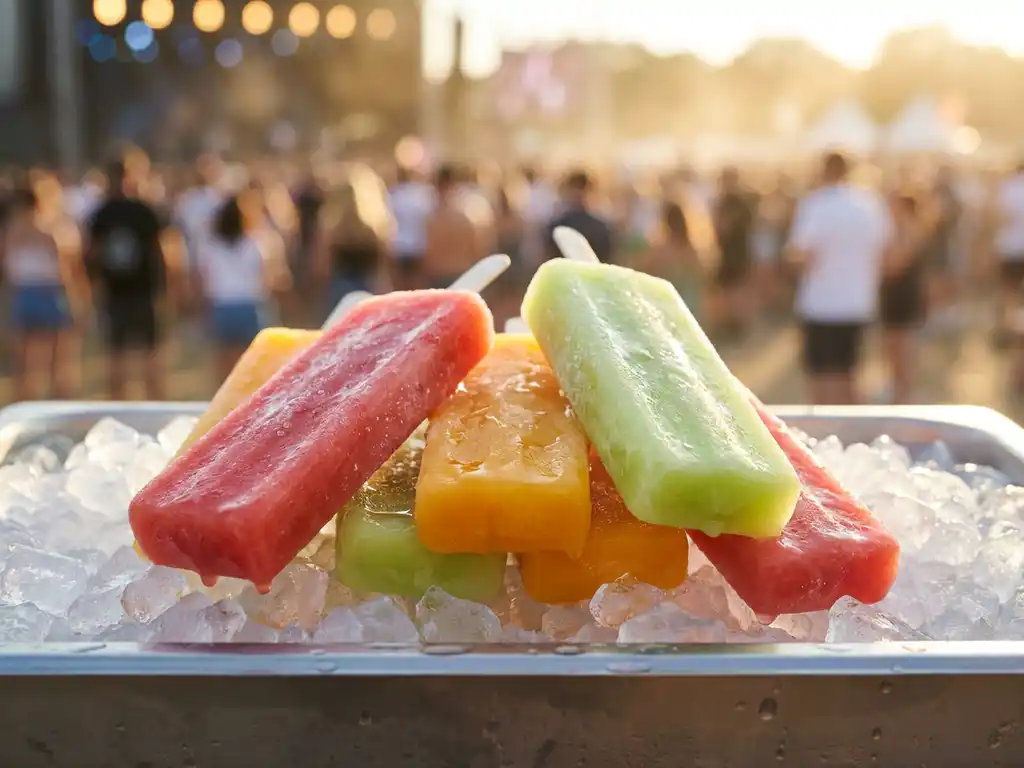 Gefrorene Cocktail-Eisstiele in Wassermelonrot, Orange und Limettgrün auf Crushed Ice, glänzend vor sommerlichem Festivalhintergrund.