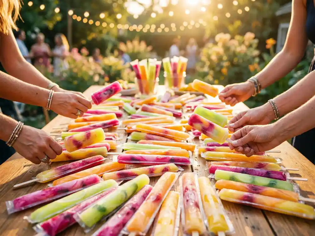 Bunt sortierte Cocktail-Eisstäbchen in Pink, Grün und Gelb auf einem Gartentisch, Hände greifen danach, Lichterketten im Hintergrund.