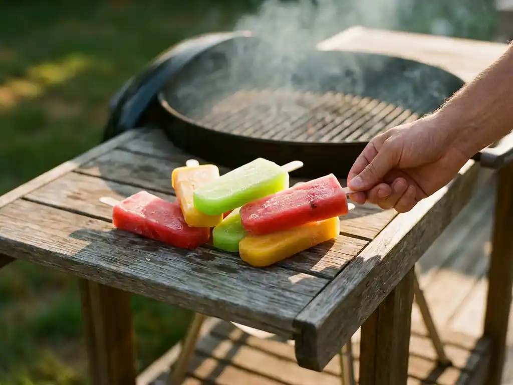 Bunte Cocktail-Eisstiele in Wassermelonen-Pink, Limetten-Grün und Goldgelb auf rustikalem Holztisch, Grillparty im Hintergrund.