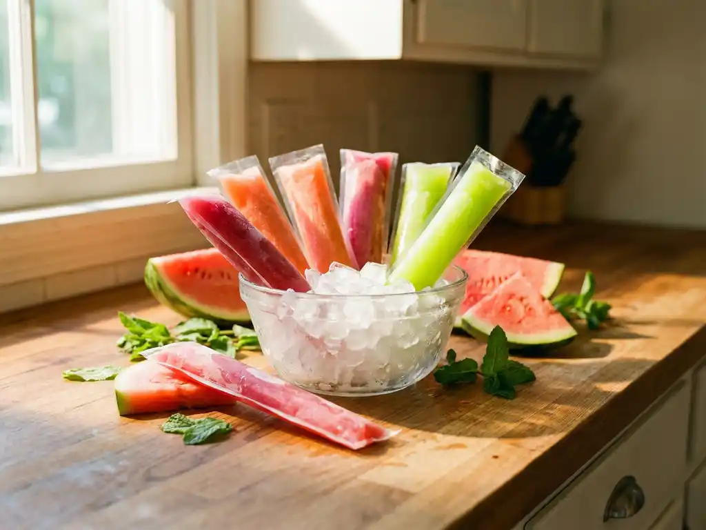 Bunte Cocktail-Eisstiele in Pink, Koralle und Grün auf einer Küchentheke mit Wassermelone, Minze und crushed Eis im Sonnenlicht.