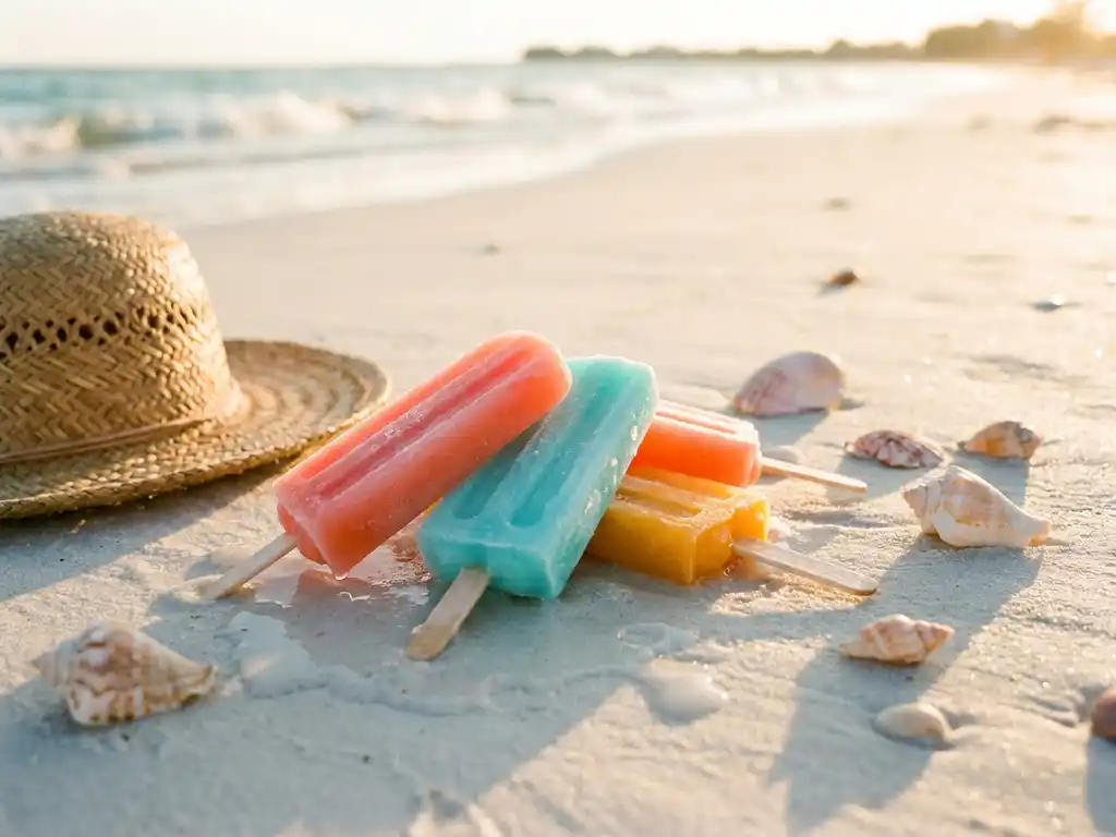 Bunte Cocktail-Eisstiele schmelzen auf weißem Sand neben Strohhut und Muscheln, mit verschwommenen Meereswellen im Hintergrund.